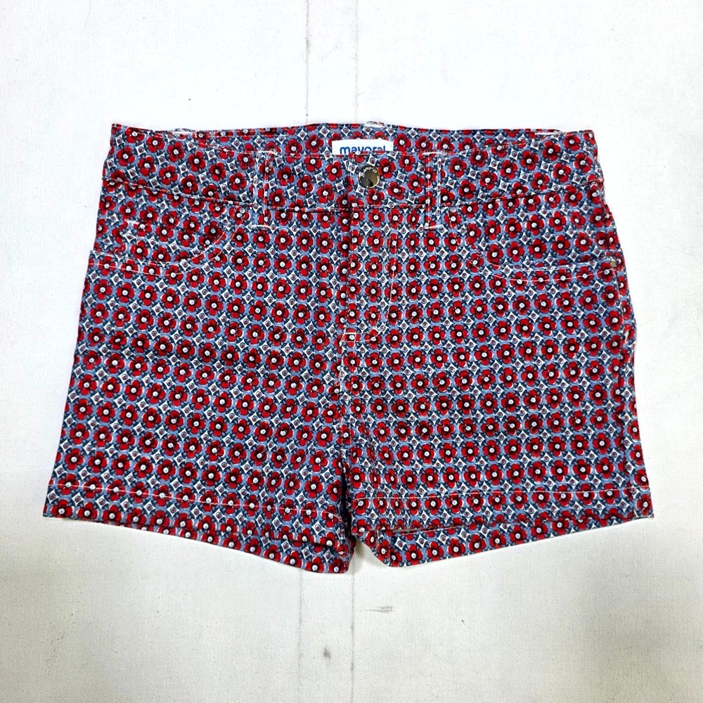 Mayoral Shorts Girls 9 Red Blue Floral Print Stretch Twill Designer Spain Summer